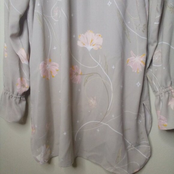 Kaari Blue Shirt Blouse L Long Sleeve Ruffle V-Neck Floral Tan Pink - Picture 3 of 16